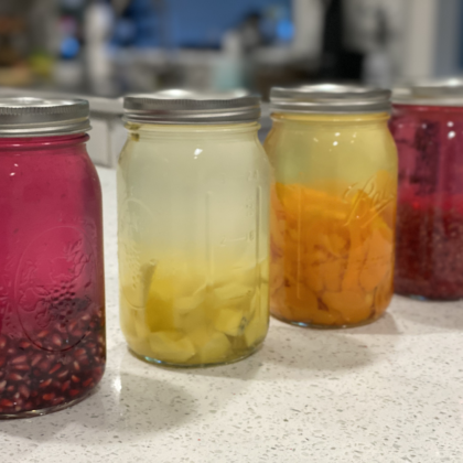 4 Jars showcasing infusing vodka with different fruits