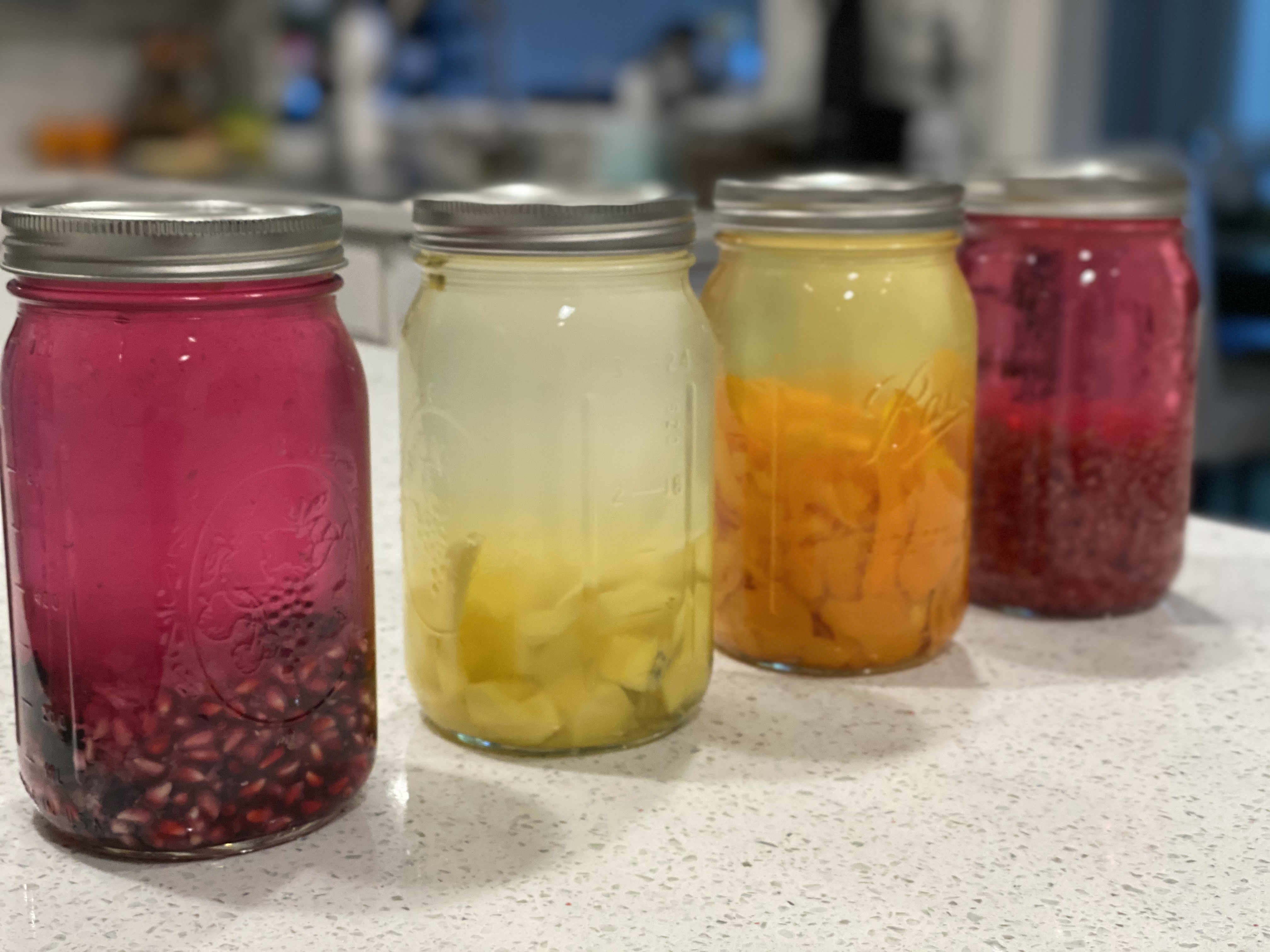 4 Jars showcasing infusing vodka with different fruits